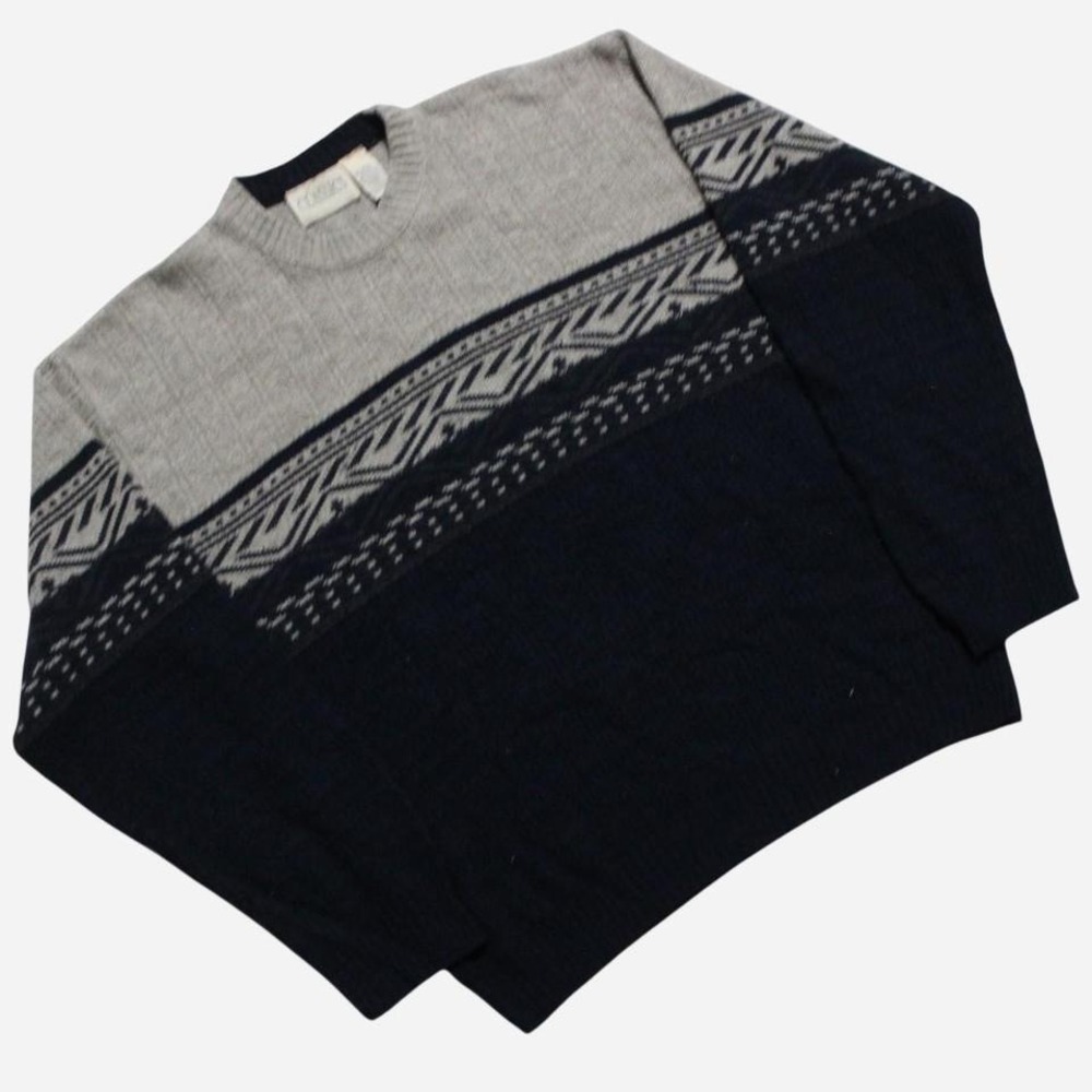 Mens Vintage 90s Grandpa Cottage Fair Isle Pattern Acrylic Pullover Sweater